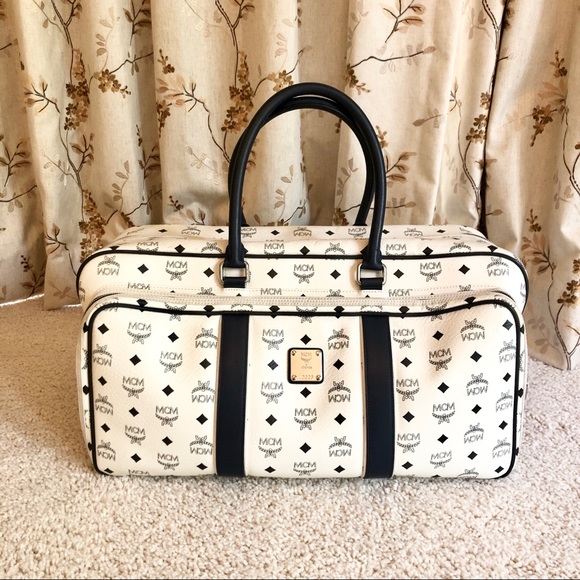 white mcm duffle bag